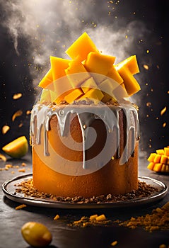 Delicious mango cake on a black background with ingredients around