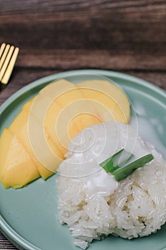Delicious mango sticky rice serve with coconut milk on wooden table.