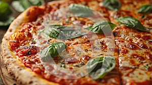 delicious margherita pizza, a margherita pizza consists of melted cheese, red tomato sauce, green basil leaves, a photo