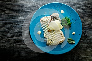 delicious mashed potatoes, sea kale, and baked white fish fillet