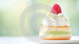 Delicious Matcha Cream Puff with Raspberry