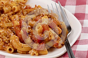 Delicious meal of elbow macaroni with pasta sauce, and tomatoes