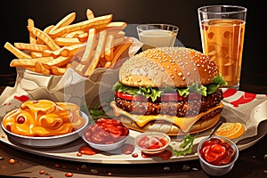 Delicious meat cheeseburger with vegetables, french fries and lemonade, cartoon style illustration
