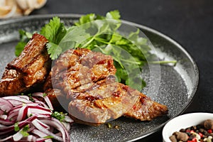 Delicious meat kebab with fresh vegetable. Grilled meat kebabs, vegetables on a dark table