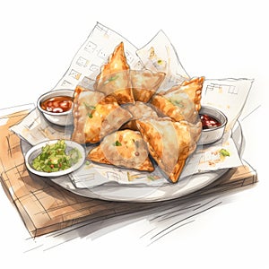 Delicious Meat Samosas With Garlic Sauce - A Mouthwatering Illustration