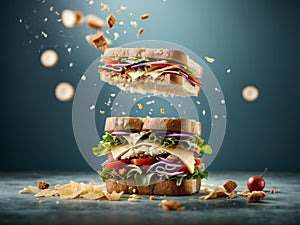 Delicious meat sandwich, famous fast treat food, veggie and bread, advertising