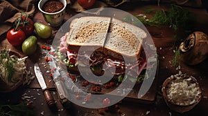 Delicious Meat Sandwich On Wooden Table With Fresh Tomatoes And Herbs