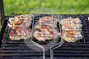 Delicious meat sausages on a metal grill are fried on hot coals for a picnic lunch.