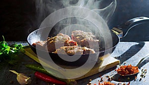 Delicious meat stakes cooked on a pan. Wooden cutting board with spices and oil