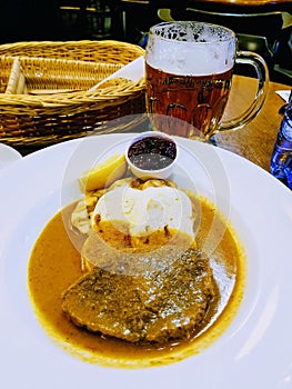 Delicious meatloaf dinner plate at Czech restaurant