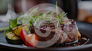 delicious medium done steak with rosemary, generative ai