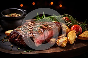 Delicious medium rare beef steak served with roasted potatoes and tomatoes on wooden board. Generative AI