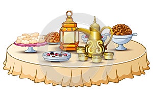 Delicious menu for iftar party are on the table with lantern and gold teapot