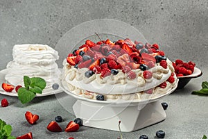 delicious meringue cake Pavlova with fresh straberry, banner, menu, recipe place for text, top view