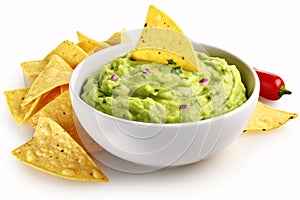 Delicious Mexican fare, guacamole and chips, isolated on white