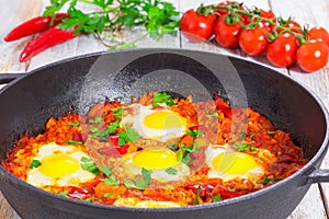 Delicious middle east shakshuka, classic recipe, close-up