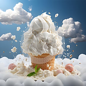 Delicious of milk ice cream and strawberry balls in a cone. and ice crystals on the sky and clouds creative background Sweets to