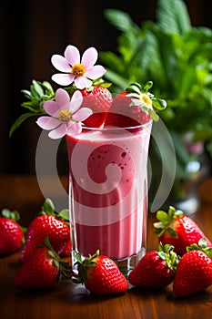 A delicious milkshake with fresh strawberries on a table