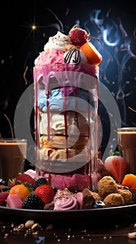 Delicious milkshake tower with Strawberry Blueberry fruit Ice Cream cake and cookies photo