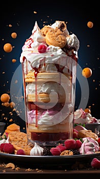 Delicious milkshake tower with Strawberry Blueberry fruit Ice Cream cake and cookies photo