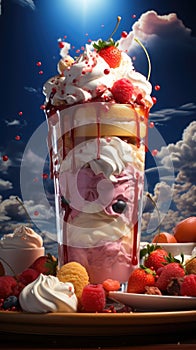 Delicious milkshake tower with Strawberry Blueberry fruit Ice Cream cake and pastries