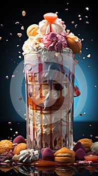 Delicious milkshake tower with Strawberry Blueberry fruit Ice Cream cake and pastries photo