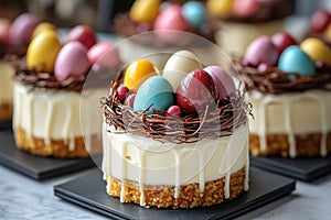 Delicious mini cheesecakes decorated with easter eggs nests and chocolate for spring celebration