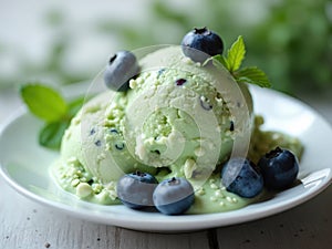 Delicious Mint Chip Ice Cream with Blueberries photo