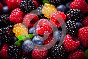 Delicious mixed berry medley background with assorted fresh blackberries and raspberries