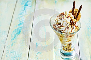 Delicious mixed nut ice-cream parfait or sundae