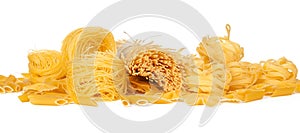 Delicious mixed pasta on white background. creative photo.