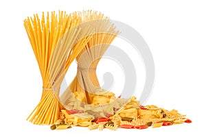 Delicious mixed pasta on white background. creative photo.