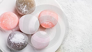 Delicious mochi on plate. Traditional Japanese dessert. Rice cake. Sweet and tasty food. Flat lay