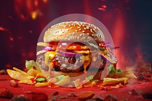 Delicious monster hamburger with flying with Ai Generated