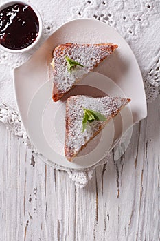 Delicious of Monte Cristo sandwich and jam. vertical top view photo