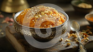 Delicious Moong Dal Halwa Dessert in Metal Bowl, Nut Garnish