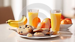 Delicious Morning Delights, Indulging in a Plate of Chocolate Cookies, Croissant, Baguette, Fresh Fruits, and Refreshing Orange