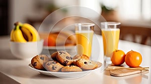 Delicious Morning Delights, Indulging in a Plate of Chocolate Cookies, Croissant, Baguette, Fresh Fruits, and Refreshing Orange