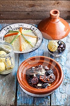Delicious Moroccan tajine with beeef, prunes, raisins, figs and almonds