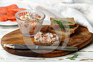 Delicious mousse, riyet, pate, dip of Smoked Salmon trout, Cream Cheese, dill and horseradish on Rye Bread Slices