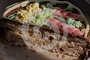 Delicious and mouth watering white chocolate icing cake, nuts and crispy meringue, Kiev cake