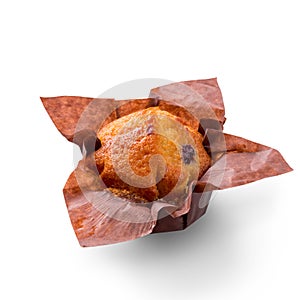 Delicious muffin on white background. Fresh cakes in decorative paper.