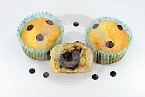 Delicious muffins with chocolate chips and hazelnut chocolate filling