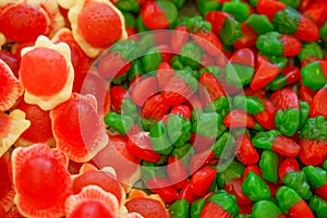 Delicious multi-colored fruit marmalade. unhealthy bright candies in bulk. different jelly photo close. tasty sweets in the candy