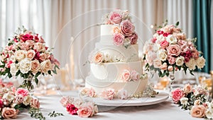 delicious multi-tiered wedding cake, flowers bridal dessert food ceremony