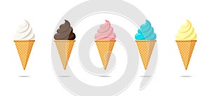 Delicious multicolor ice cream in waffle cone set. Vanilla chocolate and pistachio strawberry taste isolated twisted ice