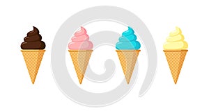 Delicious multicolor ice cream in waffle cone set. Vanilla chocolate and pistachio strawberry taste isolated ice-cream