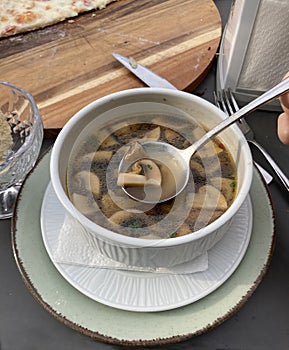 Delicious mushroom soup with dill and toast close-up on the table