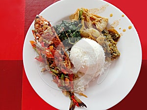 Delicious Nasi Padang with Fish from West Sumatra, Indonesia.