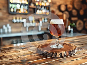 Delicious natural beer with foam from glass on the bar counter of the restaurant